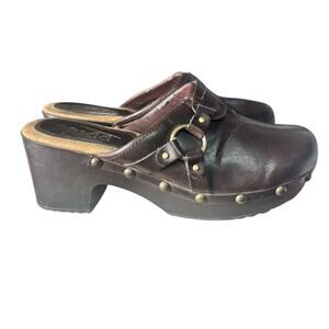 Y2K Mudd Womens Boho Brown Faux Leather Mule Clogs Chunky Heel Studded Sole Sz 9